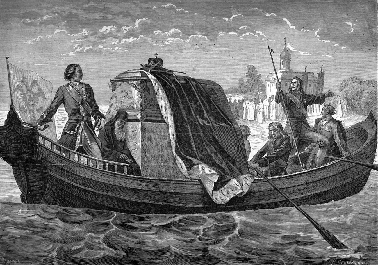 Engraving “Peter the Great carrying the relics of St. Alexander Nevsky to St. Petersburg”