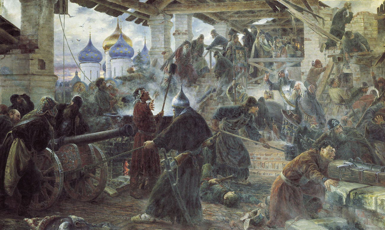 “Defesa do Lavra da Trindade de São Sérgio” (em 1608-1610), por Serguêi Miloradovitch, 1894.