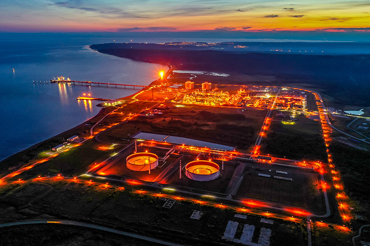 An aerial view of the Prigorodnoye production complex on the southern shore of Sakhalin Island