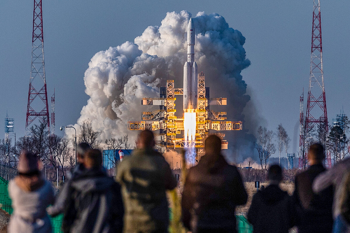 An Angara A5 heavy lift launch vehicle blasts off from the Vostochny Cosmodrome in the Russian Far East