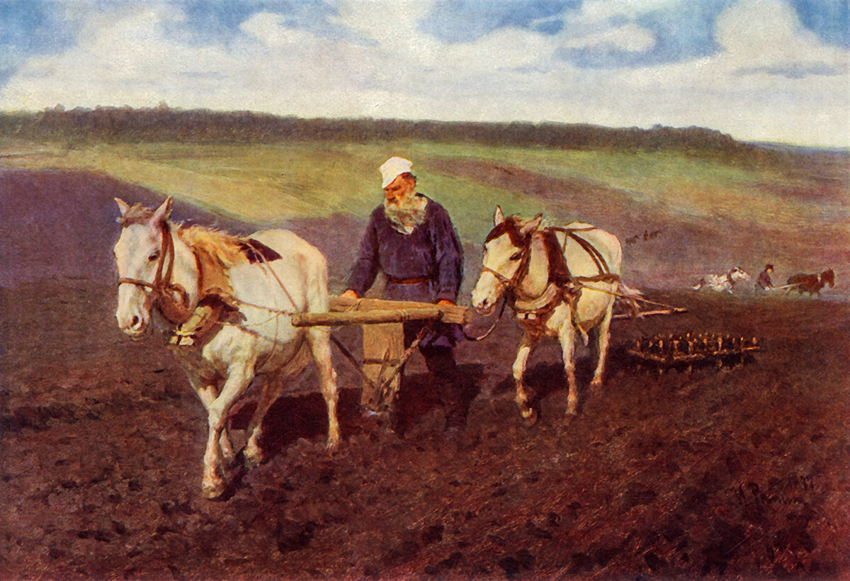 Tolstoï dans un champ de labour, 1887. Ilia Répine