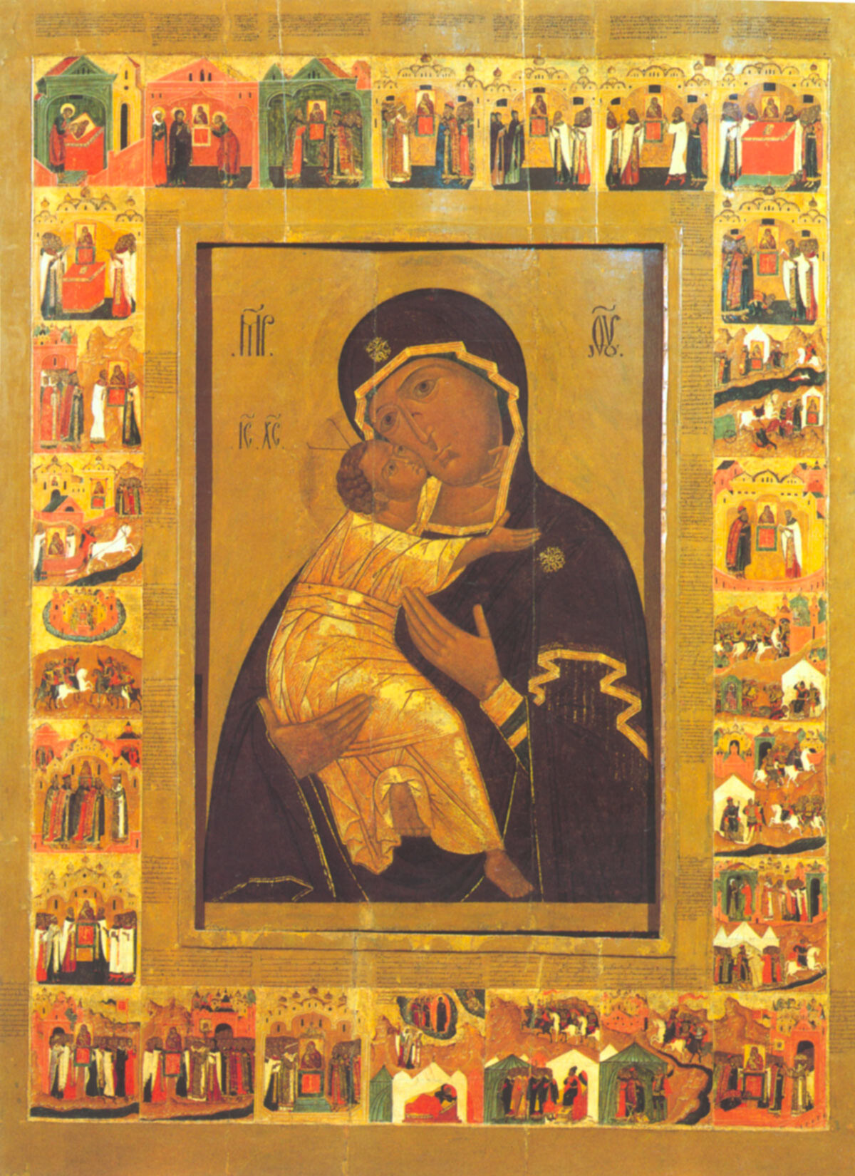 Our Lady of Vladimir, with stamps of the Tales of the icon of Our Lady of Vladimir. Second quarter of the 17th century