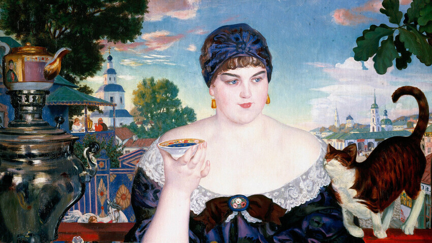 ‘Esposa do comerciante tomando chá’, Boris Kustodiev, 1918.