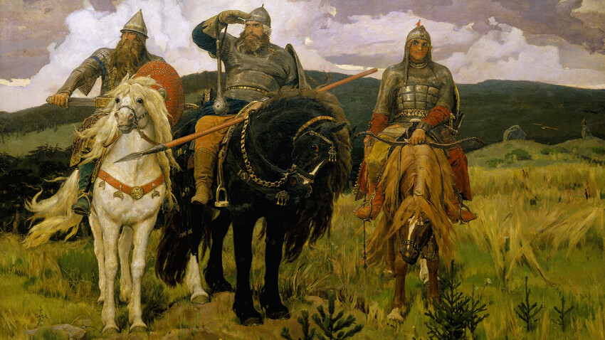 Viktor Vasnetsov "Los bogatires". Dobrinia Nikitich (izquierda), Iliá Múromets (centro) y Alesha Popovich (derecha).