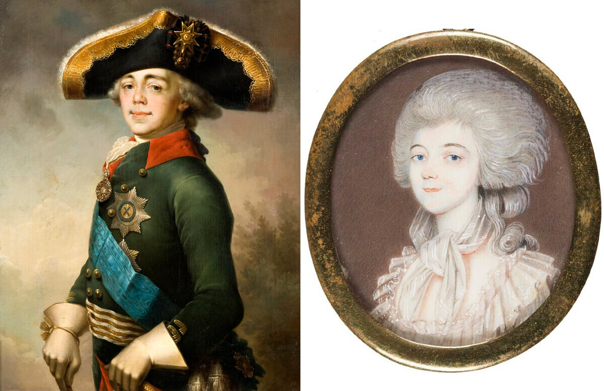 Esc.: retrato de Paulo 1º, por Vladímir Borovikóvski, 1796. Dir.: Sofia Uchakova, por Franz Ludwig Close, 1780.

