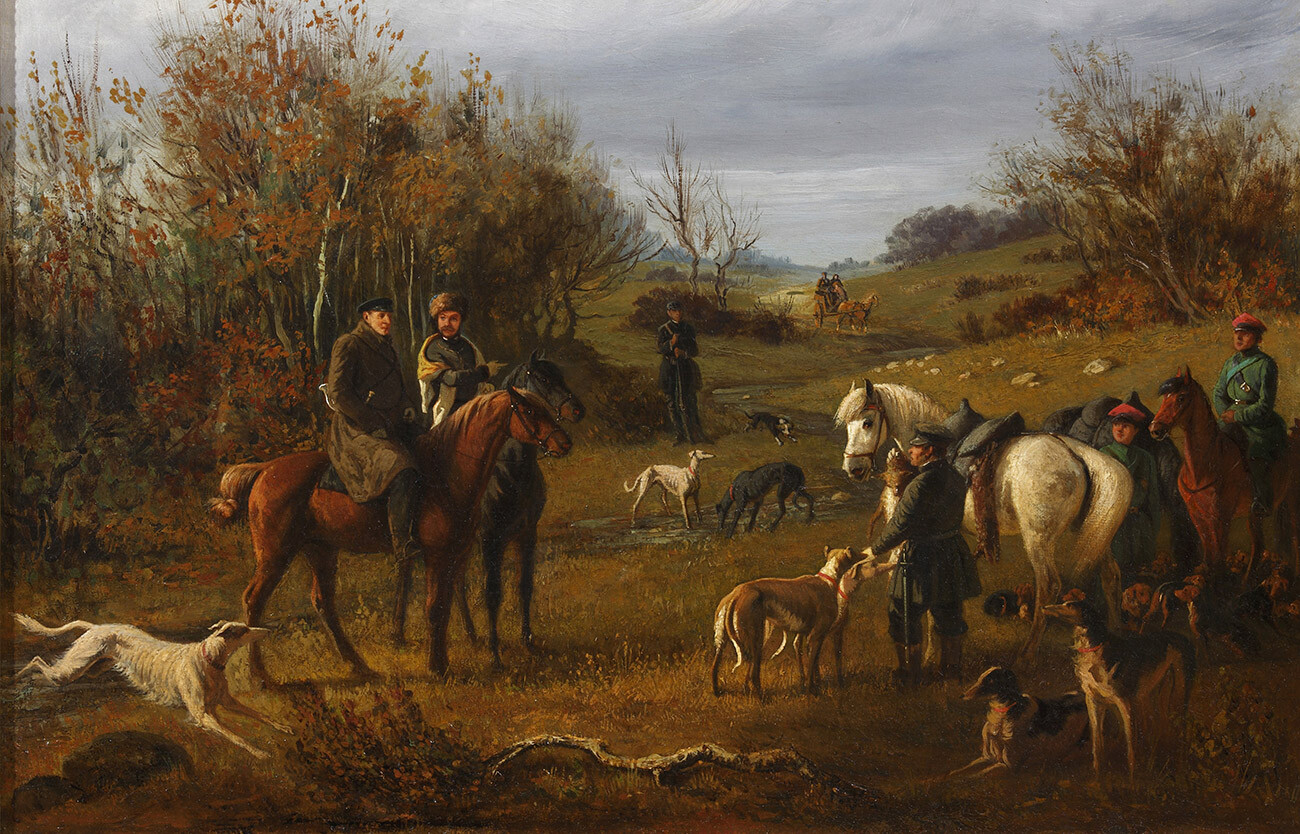 Hunting with Borzois, 1840s. Found in the Collection of State Museum of Leo Tolstoy, Moscow. 