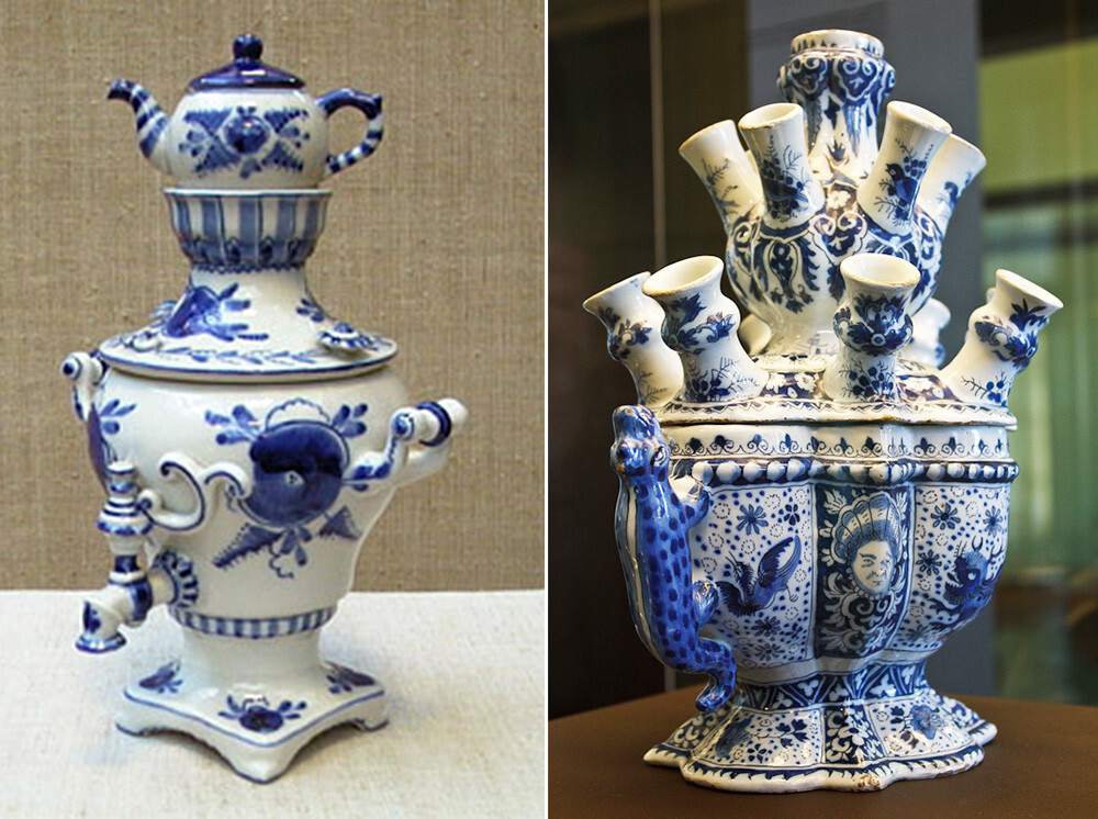 Joyero samovar de Gzhel (izda.), jarrón Tulipán, estilo porcelana de Delft (dcha.)