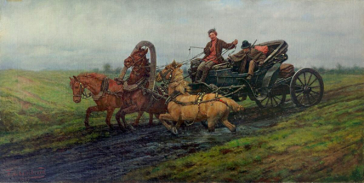 Uma troika atolada na lama, 1889, Pável Kovalevski.