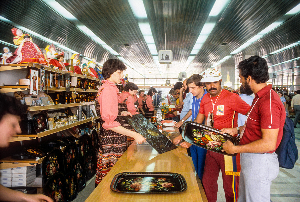 Souvenirs of the 1980 Summer Olympic Games on sale in the Olympic Village. 