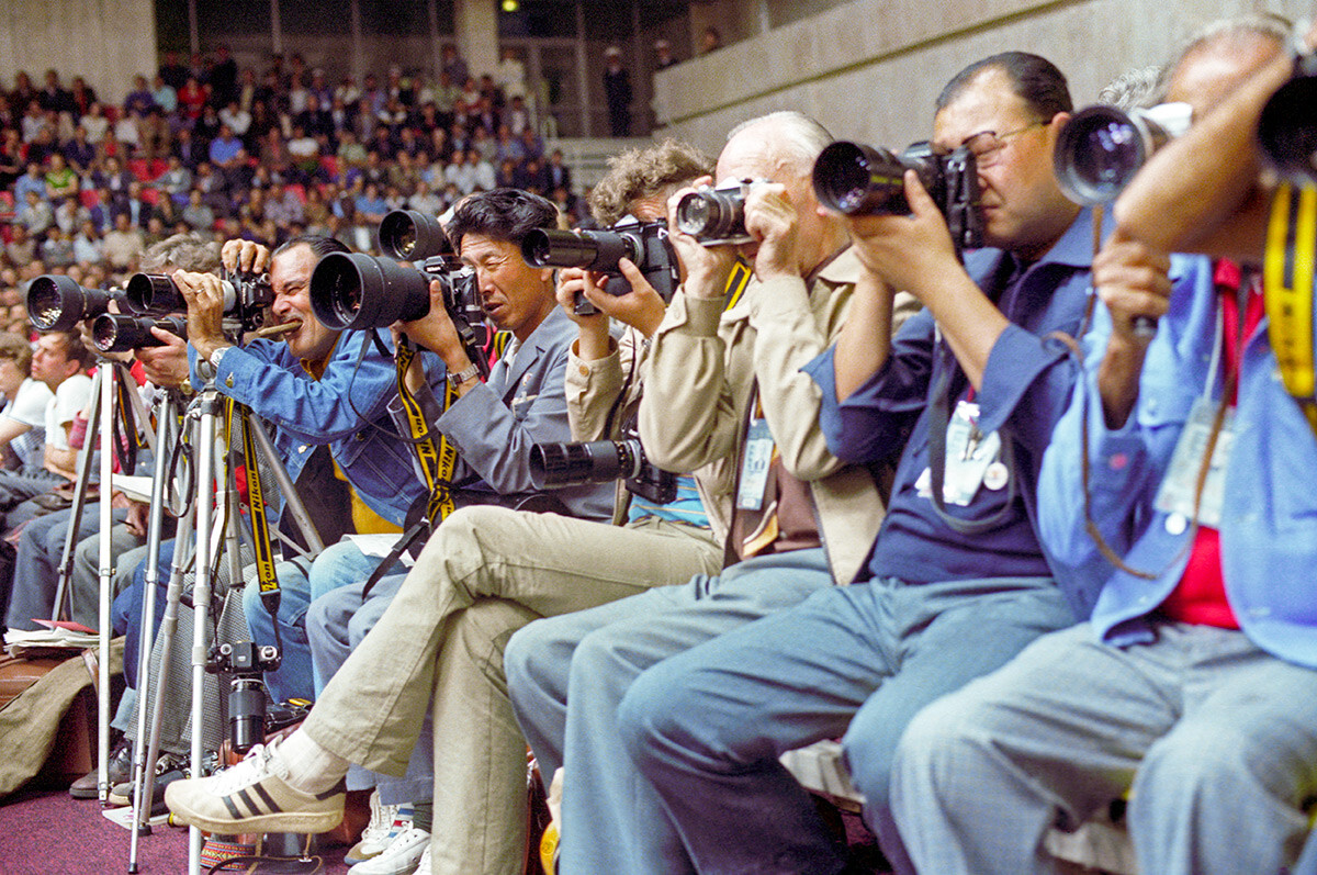 Press photographers at work during the 1980 Summer Olympic Games held at the Izmaylovo Sports Complex.