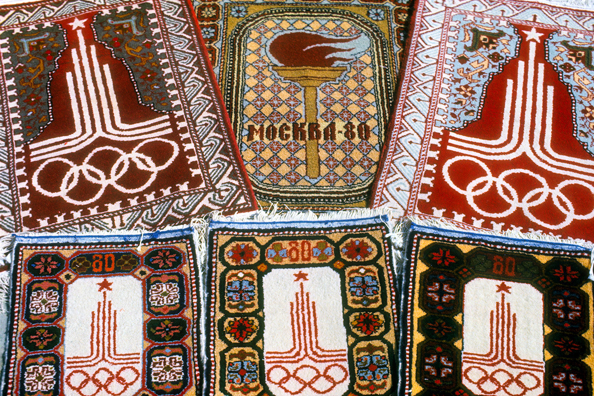 Rugs bearing the emblem of the Moscow 1980 Summer Olympic Games made at the Derbent carpet weaving factory.