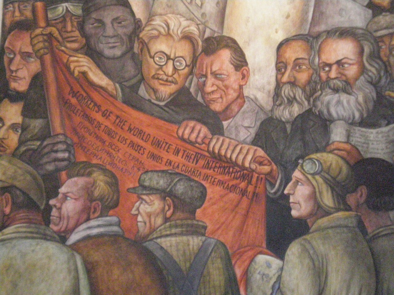 Detalle del fresco de Diego Rivera 'El hombre controlador del universo' con Lev Trotski, Friedrich Engels y Karl Marx. 