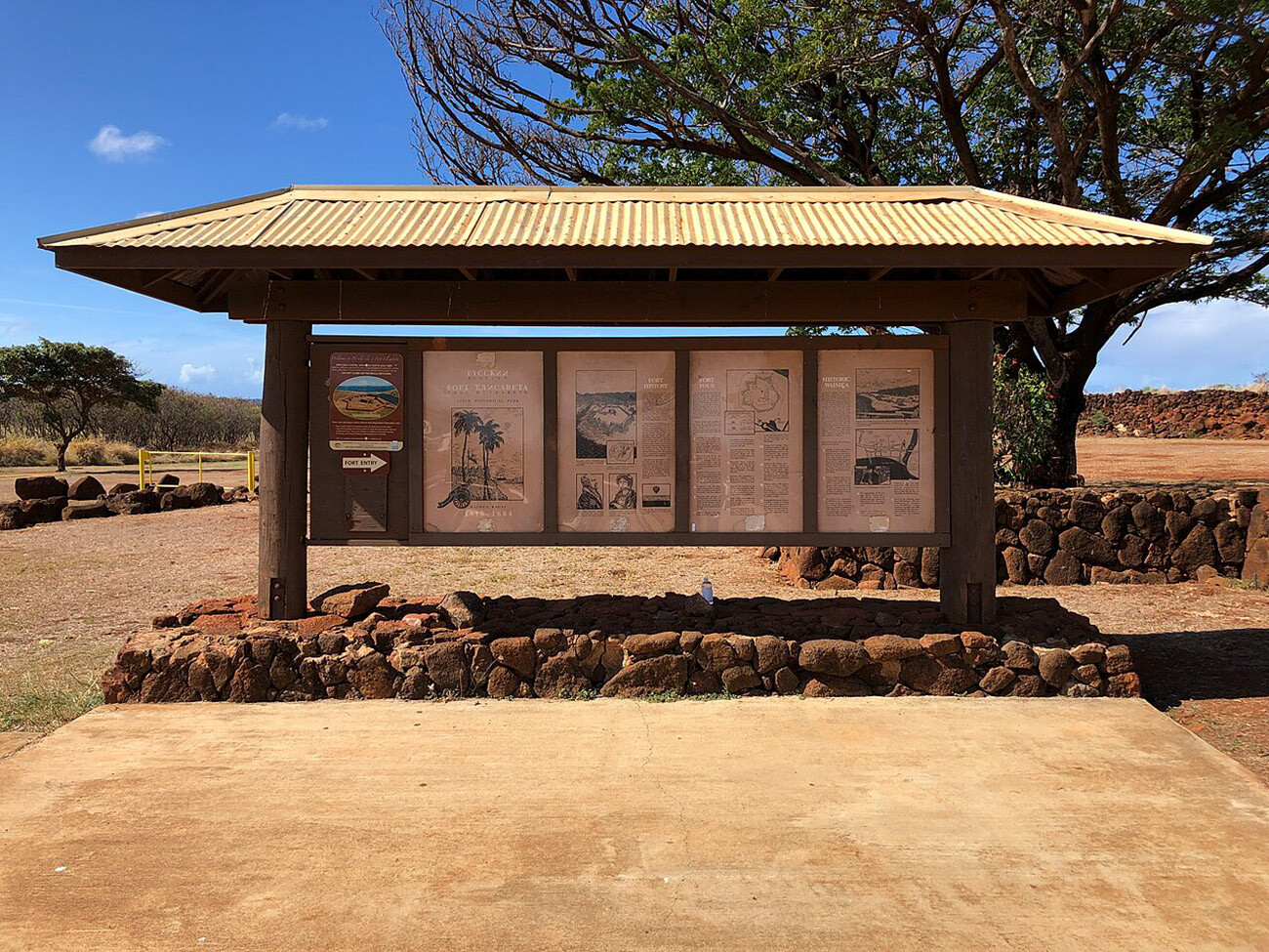 Informational sign pavilion at Russian Fort Elizabeth State Historical Park in Pakala Village, Kauai, Hawaii.