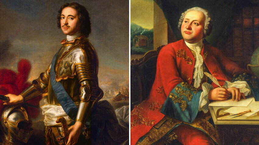 À esq.: retrato de Pedro, o Grande feito por Jean-Marc Nattier; à dir: retrato de Lomonossov, pintor desconhecido.