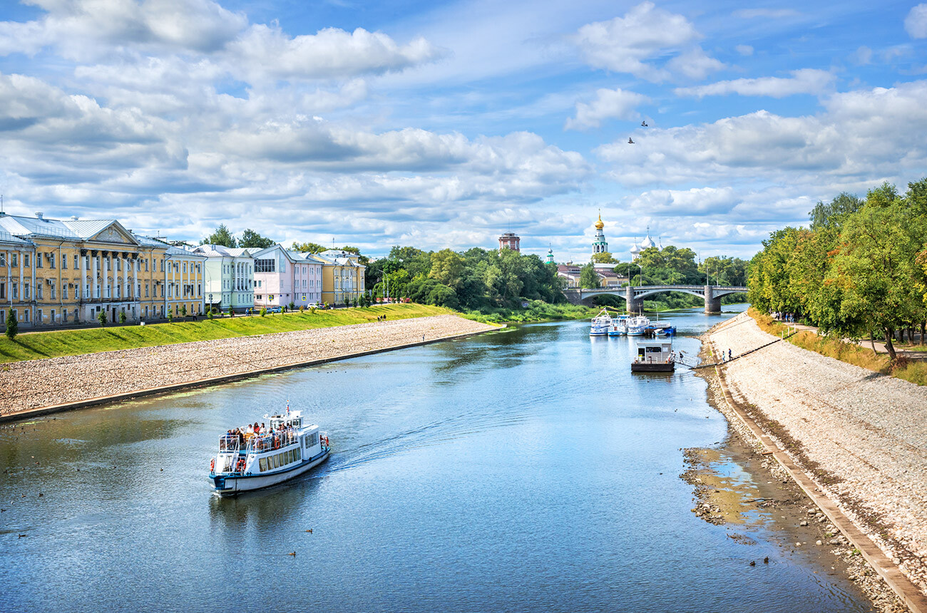 Motor ships at the pier on the river in Vologda 