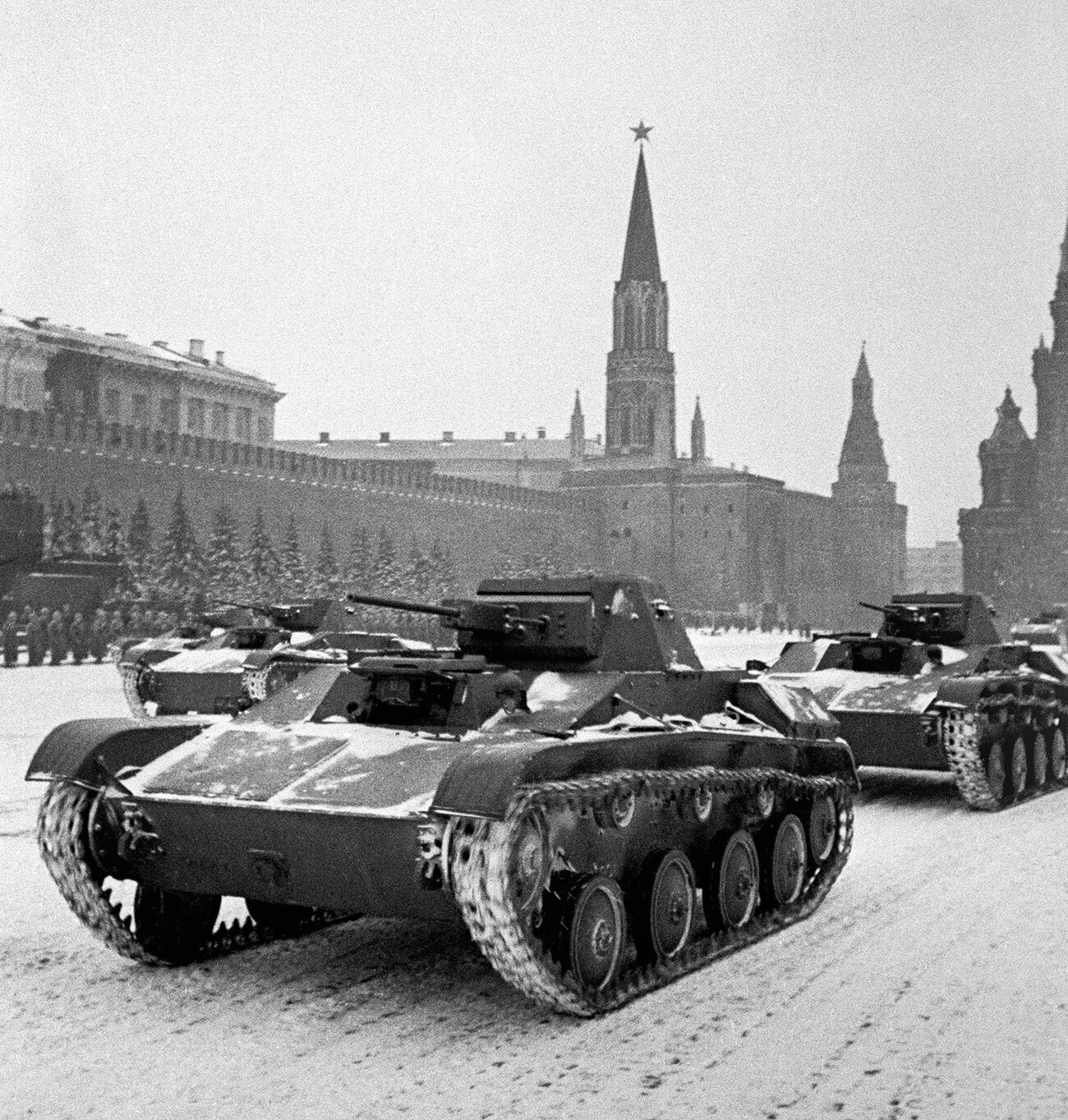 Soviet troops heading straight to the front lines after the historical parade held on Moscow's Red Square on November 7, 1941.