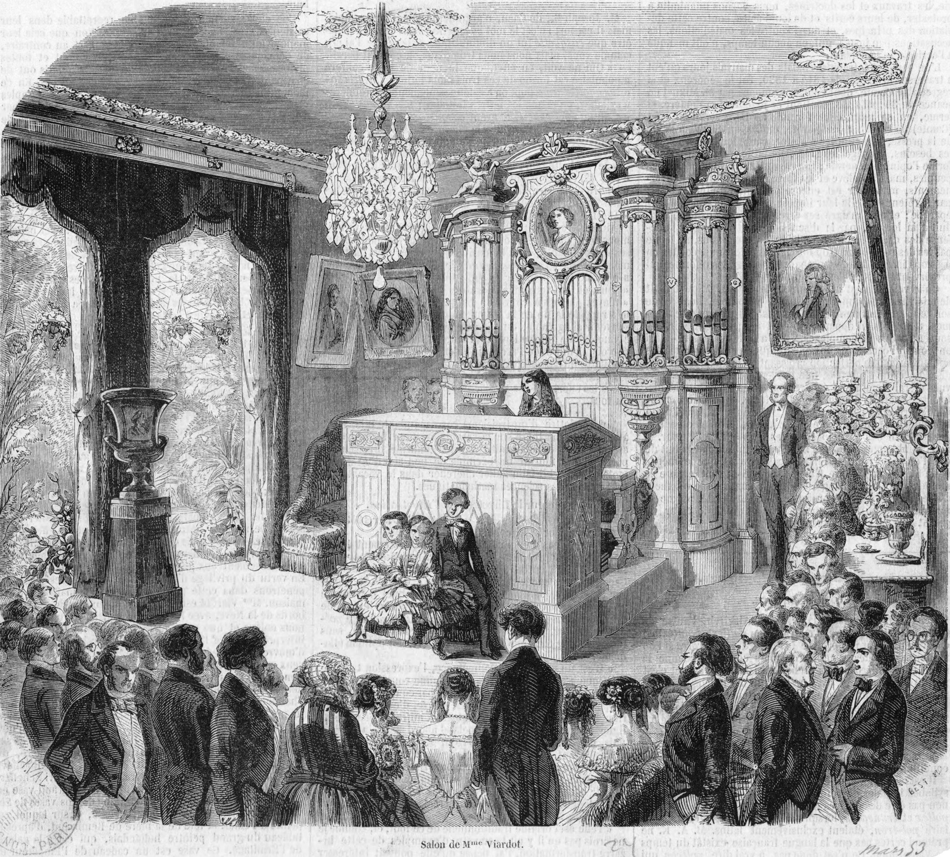 Salón parisino de la cantante Pauline Viardot. Entre los invitados figuran: I. S. Turguénev, O. de Balzac, S. Frank, A. Dumas-padre, Georges Sand, A. de Musset, Ch. Beriot, A. Vieutan.