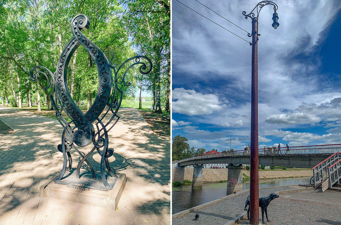 Monumento a la letra «O» (izquierda), monumento a la primera linterna eléctrica (derecha)