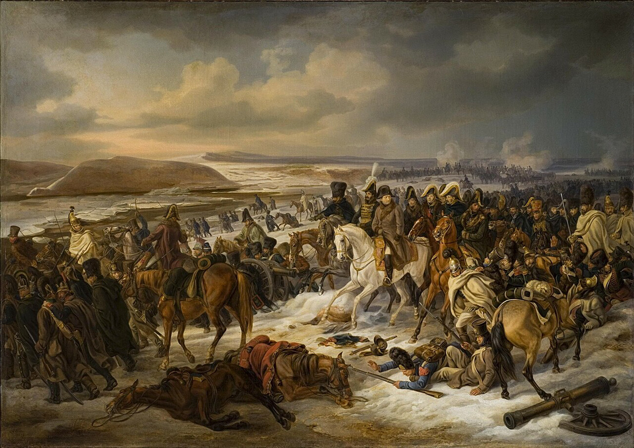 La traversée de la rivière Berezina en 1812.  Napoléon au centre à cheval