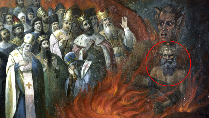 Fragmento del fresco «Lev Tolstói en el infierno», M.I. Andriushin. 1883. Museo de Historia de la Religión y el Ateísmo, Academia de Ciencias de la URSS. Leningrado. 