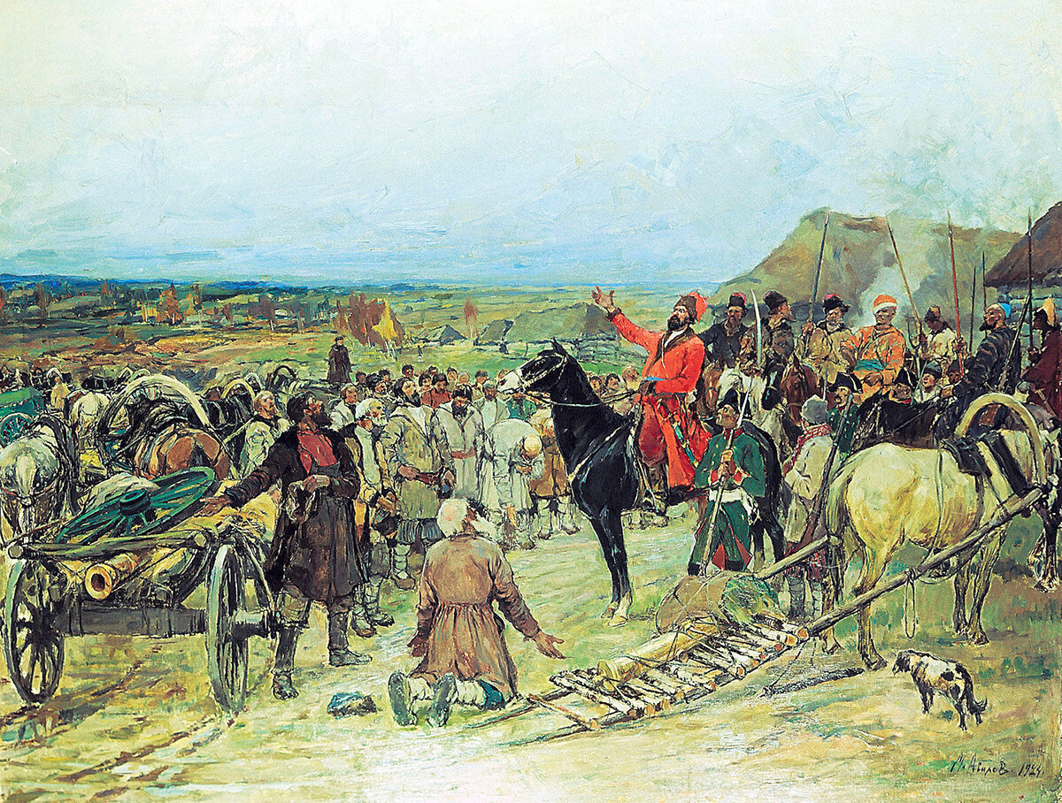 Líder cossaco da revolta camponesa, Emelian Pugatchov. Século 18. ‘Trazendo armas para Pugatchov’, 1924 — Pintura a óleo de M. Avilov, Museu de História do Estado, Moscou.