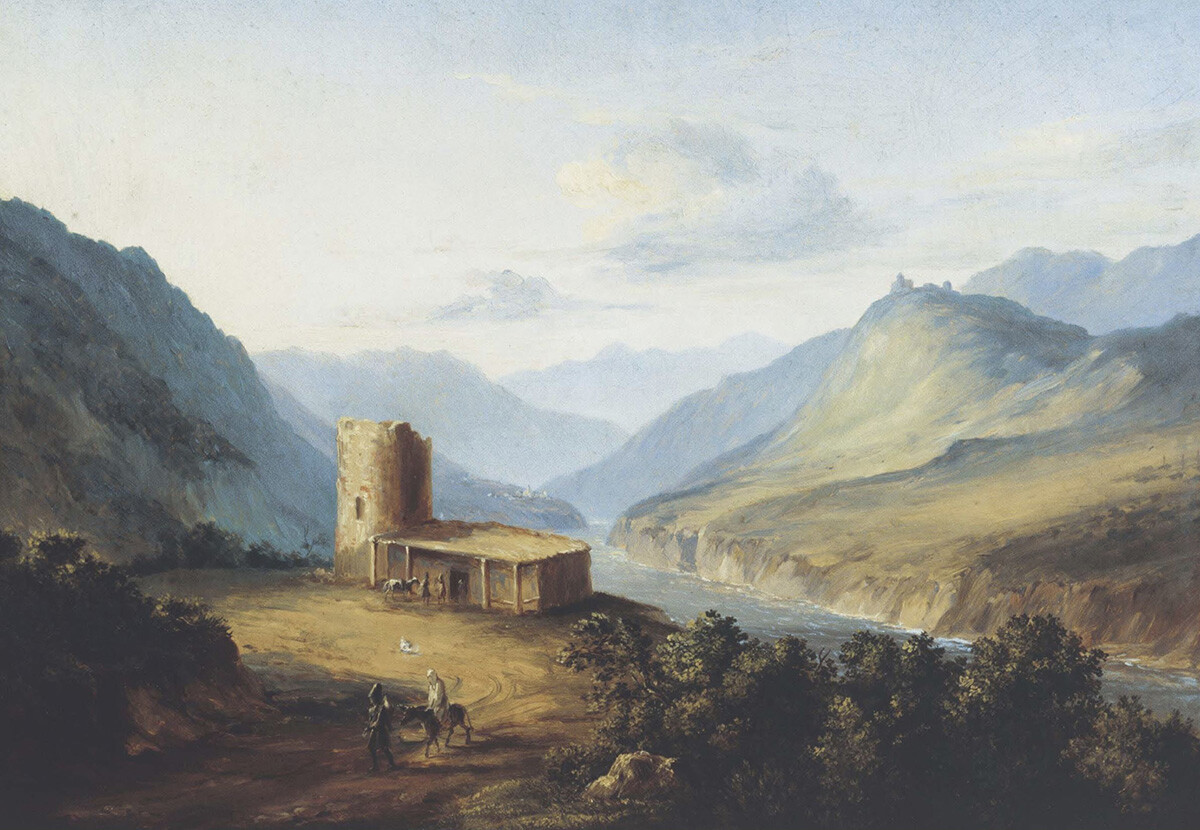 Mikhail Lermontov. The Military Georgian Road near Mtsheta (Landscape with a Saklia - dwelling of Caucasian mountaineers), 1837 