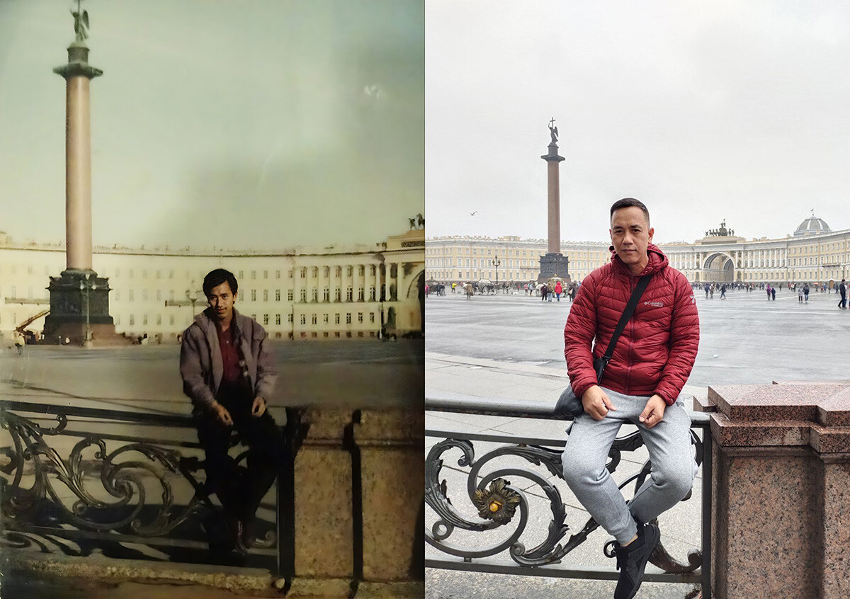 30 years ago and now. Pictured at St. Petersburg's Palace Square