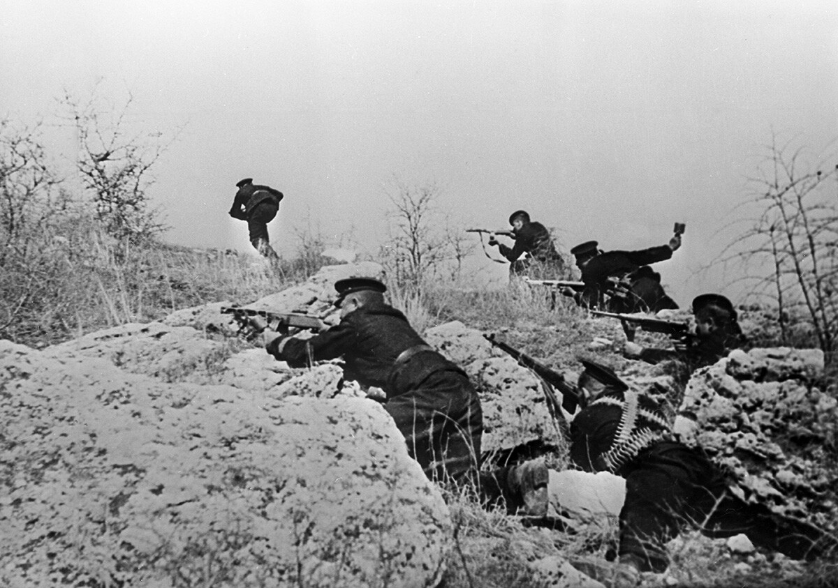 Soviet Marines attack Nazi positions near Sevastopol.