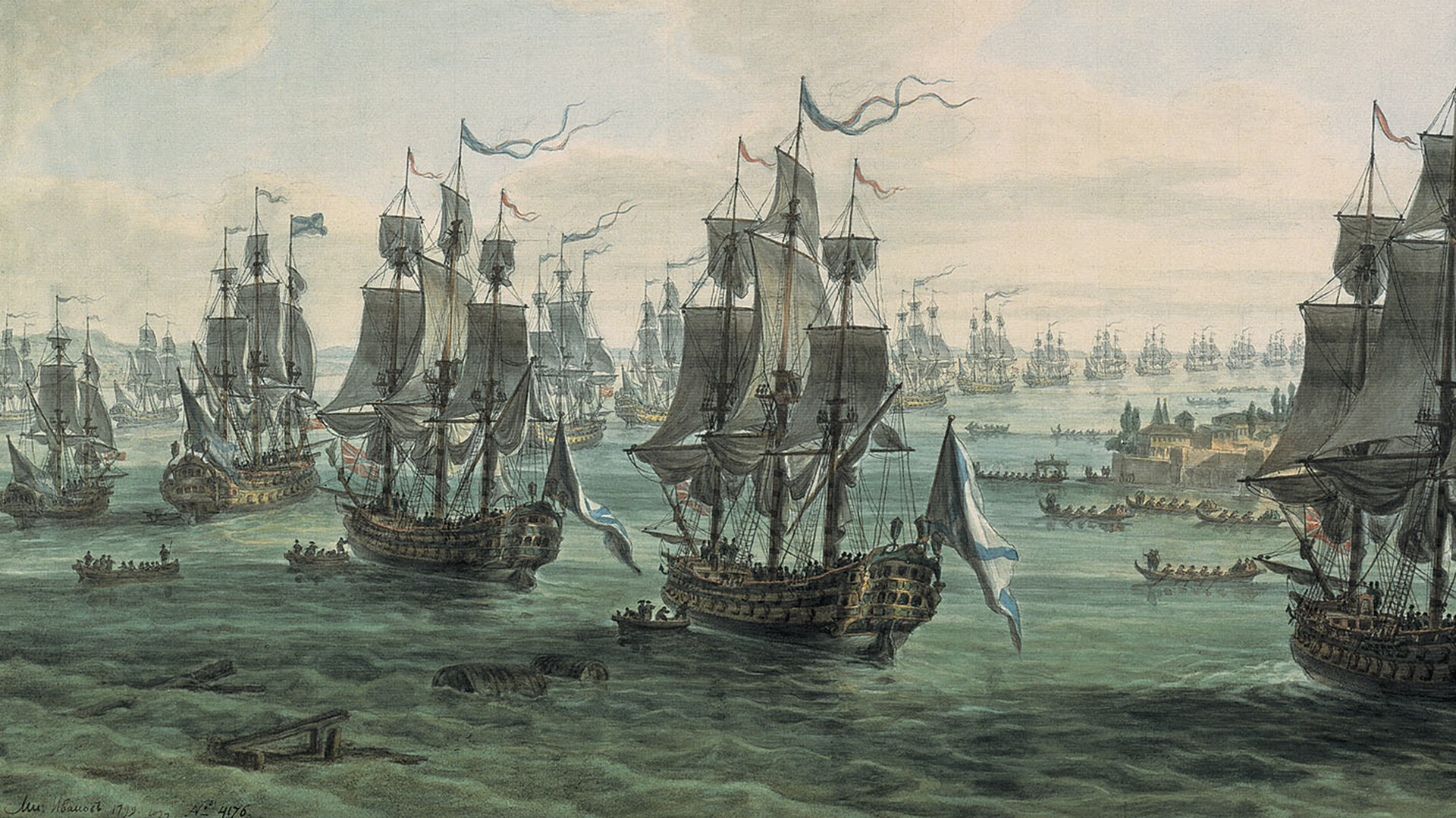 The Russian squadron under the command of Fyodor Ushakov, sailing through the Strait of Constantinople.