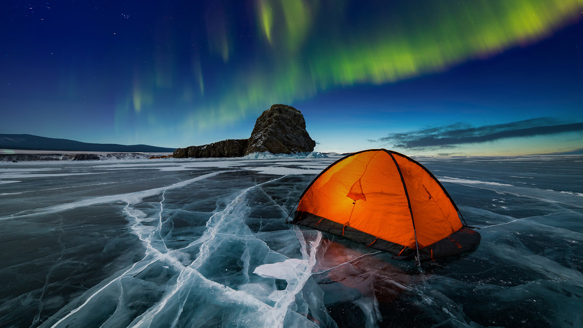  Tent camp on the ice of Lake Baikal near the island of Olkhon. 