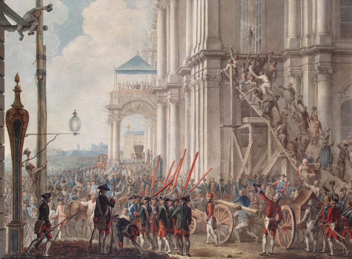 Catherine II on the balcony of the Winter Palace, greeted by the guards and the people on the day of the coup.