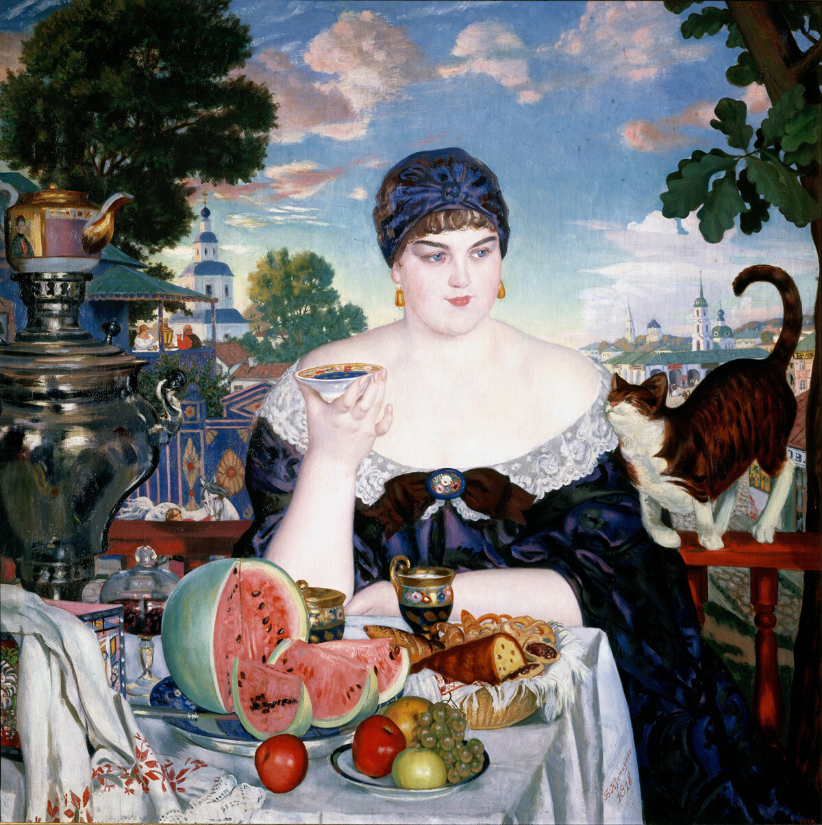 Femme de marchand prenant le thé. Boris Koustodiev

