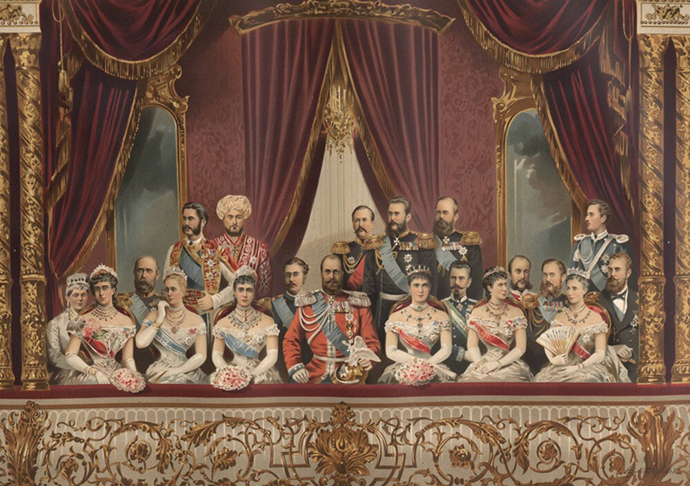 Apresentação cerimonial no Teatro Bolshoi de Moscou por ocasião da coroação sagrada do Imperador Alexandre 3º e da Imperatriz Maria Feodorovna em maio de 1883. Pintura feita por Stepan Aleksandrovski