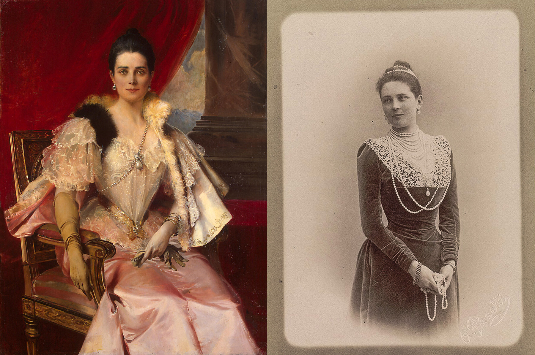 À esquerda: Francois Flameng. Retrato da princesa Zinaida Iussúpova com a pérola “Pelegrina”; à direita: Zinaida Nikolaevna em um vestido de veludo