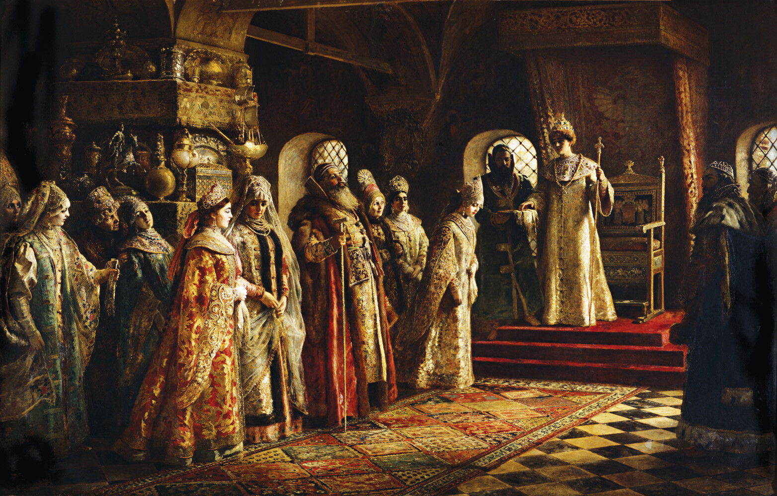 “Exposição de noivas do tsar Aleksêi Mikháilovitch (Aleixo da Rússia)”, 1886, Konstantin Makóvski.