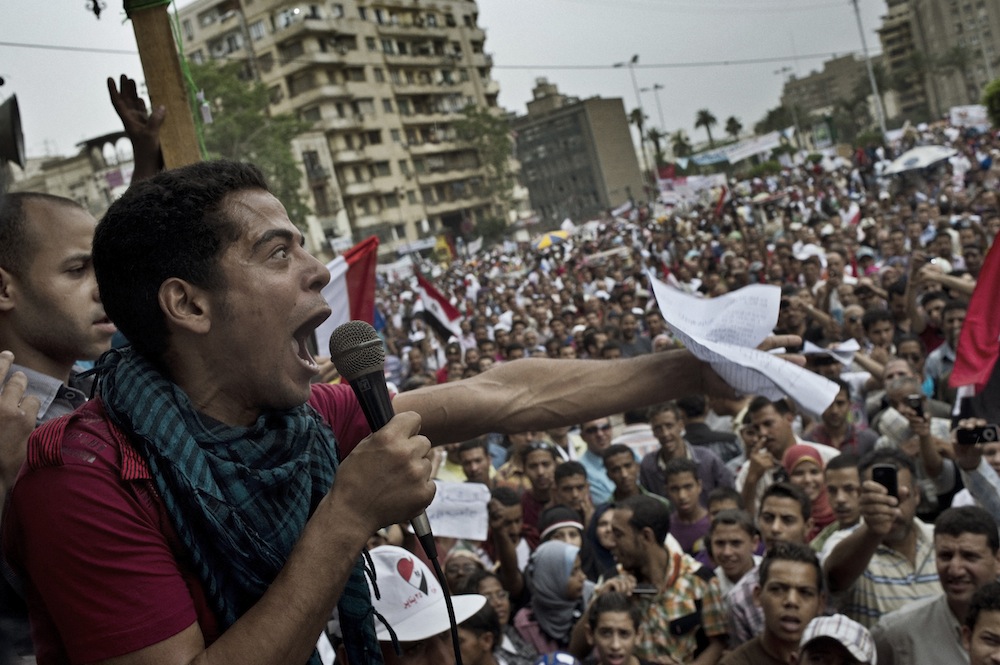 A man shouts demands from a stage on the edge of Tahrir Square during a protest dubbed the Second Revolution on May 27, 2011. Tahrir Square continues to be the stage for Egyptian expression as the country hurtles through the process of democratic transition. But some activists worry that the revolution has been hijacked by whoever has the loudest voice.