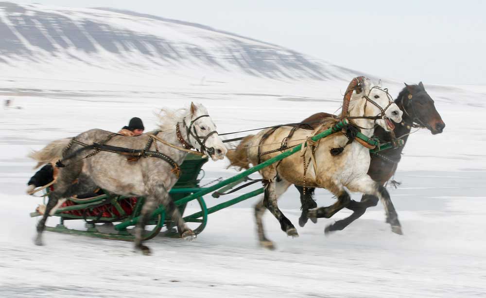 Para pengunggang kuda berlomba di Sungai Yenisei yang beku dalam pacuan kuda amatir Ice Derby, yang telah diselenggarakan tahunan setiap akhir musim dingin sejak 1969.