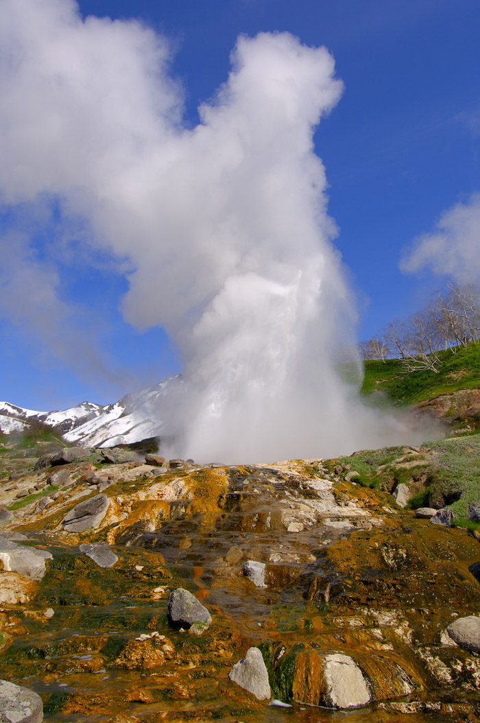 3/11. Дванаест активних вулкана, термална језера, водопади и гејзири права су атракција. На слици је гигантски гејзир познат као Великан („див“).