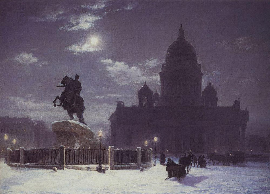 Vasily Surikov was born in 1848 in Krasnoyarsk. His strong desire to study painting led him first to St. Petersburg, where in the period 1869-1875 he was enrolled at the St. Petersburg Academy. // "The view of the Peter the Great's monument on the Senatskaya square, Saint-Petersburg", 1870