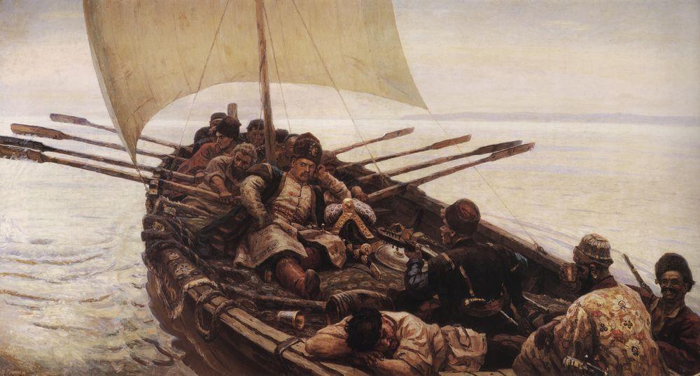 The artist's next historical work was "Stepan Razin" (1910). The first esquisses were presented in 1906 at the exhibition in Moscow, but Surikov was not satisfied with the results, he did not feel the unity between Razin and other personages, so he returned to the subject and tried to make it better.