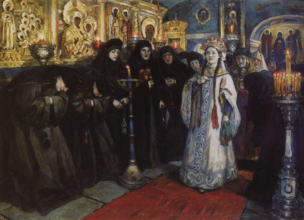The main protagonist in these pictures is the Russian people, the masses in all their diversity, laying bare the Russian national character. // "The princess visiting women's monastery", 1912