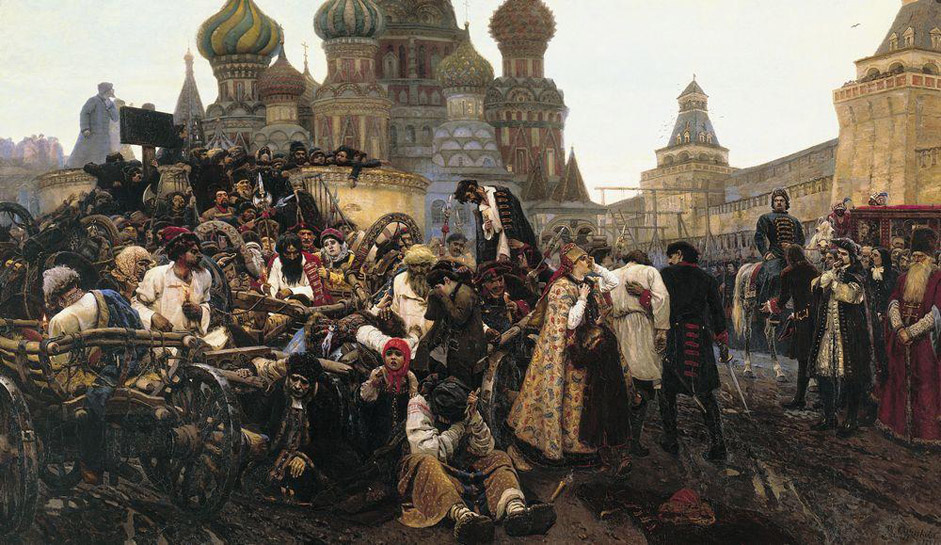 Surikov is attracted by strong vibrant personalities in which the rebellious spirit of the people runs deep: the fierce determination and indomitable spirit of the red-bearded Streltsy in the "Morning of the Streltsy Execution" (1881), and the passion and fanatical asceticism of Boyarynya Morozova in the eponymous painting.