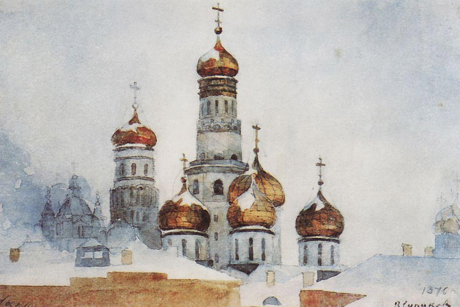 With great skill and love, this national genius vividly portrays the squares and streets of old Moscow, filled with crowds of people. The artist deftly depicts the intricate detail of clothes, utensils, embroidery, wood carvings, religious architecture, and rural barns. // "The steeple of Ivan the Great and the dome of Uspensky cathedral", 1876