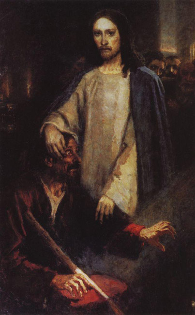 After the sudden death of his wife in 1888, Surikov fell into a severe depression and lost interest in painting. No one knows the pain and mental anguish he endured. But his will was not broken. The painting "Jesus Healing a Blind Man," 1888, in which the recipient of the miracle betrays a certain likeness to the artist, is peculiarly symbolic of his own enlightenment and revival at that time.