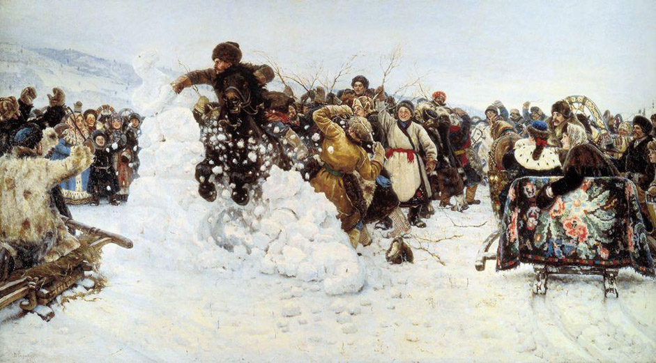 Having overcome his spiritual angst (following a trip to Siberia in 1889-90), he created the unusually bright and cheerful canvas "The Taking of Snow Town", 1891, freeze-framing the classic image of the Russian people, full of daring, health, and joie de vivre.