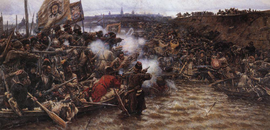 In his historical paintings of the 1890s, Surikov once again revisits the theme of national history. The painting "The Conquest of Siberia by Yermak", 1895, depicts the heroism of Russian warriors in the name of liberating their native land. The painting was presented at the XXIII Traveling Exhibition in St. Petersburg. The exhibition was visited by Tsar Nicholas II and Empress Consort Alexandra, who bought the work for forty thousand rubles. At that time, the country was celebrating the 300th anniversary of the conquest of Siberia and the opening of the Trans-Siberian Railway, so Surikov inadvertently "hit the spot," ending up in the awkward (for him) role of official painter.