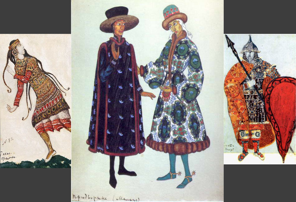 Sketches for courtiers' costumes, 1912, costumes for the Rite of Spring ballet, 1912, for Prince Igor opera, 1914 // The multifaceted talent of Nicholas Roerich clearly manifested itself in his works for theatrical productions. In Diaghilev's famous "Russian Seasons," the "Polovtsian Dances" from Borodin's "Prince Igor," Rimsky-Korsakov's "The Maid of Pskov," and Stravinsky's ballet "The Rite of Spring" all featured sets and costumes designed by Roerich.