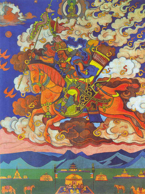 Great rider Rigden Jyepo, messenger of shambhala, 1927 // Thanks to Helena, Nicholas Roerich became acquainted with the oeuvre of the great Indian thinkers Ramakrishna and Vivekananda, and the literary canon of Rabindranath Tagore. Together, he and his wife studied the Upanishads.Roerich's acquaintance with Oriental philosophy is reflected in his work. Whereas in the artist's early paintings the defining motifs were ancient pagan Russia, colorful folk epics, and images of primeval splendor as yet untouched by natural calamity ("Building a City," "Idols," "Visitors from Overseas," etc.), by the mid-1900s Indian and the Eastern themes were appearing more frequently in his paintings and literary works.