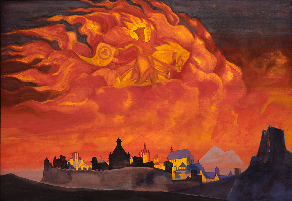 Saint Sophia, the almighty wisdom, 1932 // In May 1917, serious lung disease forced Roerich and his family, at the insistence of his doctors, to move to Sortavala, Finland, on the shores of Lake Ladoga. After the revolutionary upheaval of 1917, Finland closed its borders with Russia, cutting Roerich and his family off from their homeland. In autumn 1919, he accepted an invitation from Diaghilev to work as a set designer for the staging of operas by Mussorgsky and Borodin in London. He accepted and moved with his family to England.