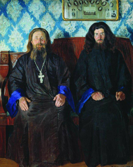 After returning to Russia, Kustodiev turned his attention to book design, and worked as an illustrator for various satirical magazines during the first Russian revolution. But painting remained his primary occupation. He produced a series of notable portraits, in particular "Portrait of a Priest and a Deacon" (1907), which later became generalized social and psychological types.